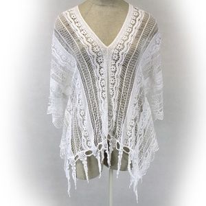 BOHO Plus 2XL White Lace Knit Fringe Tunic Blouse
